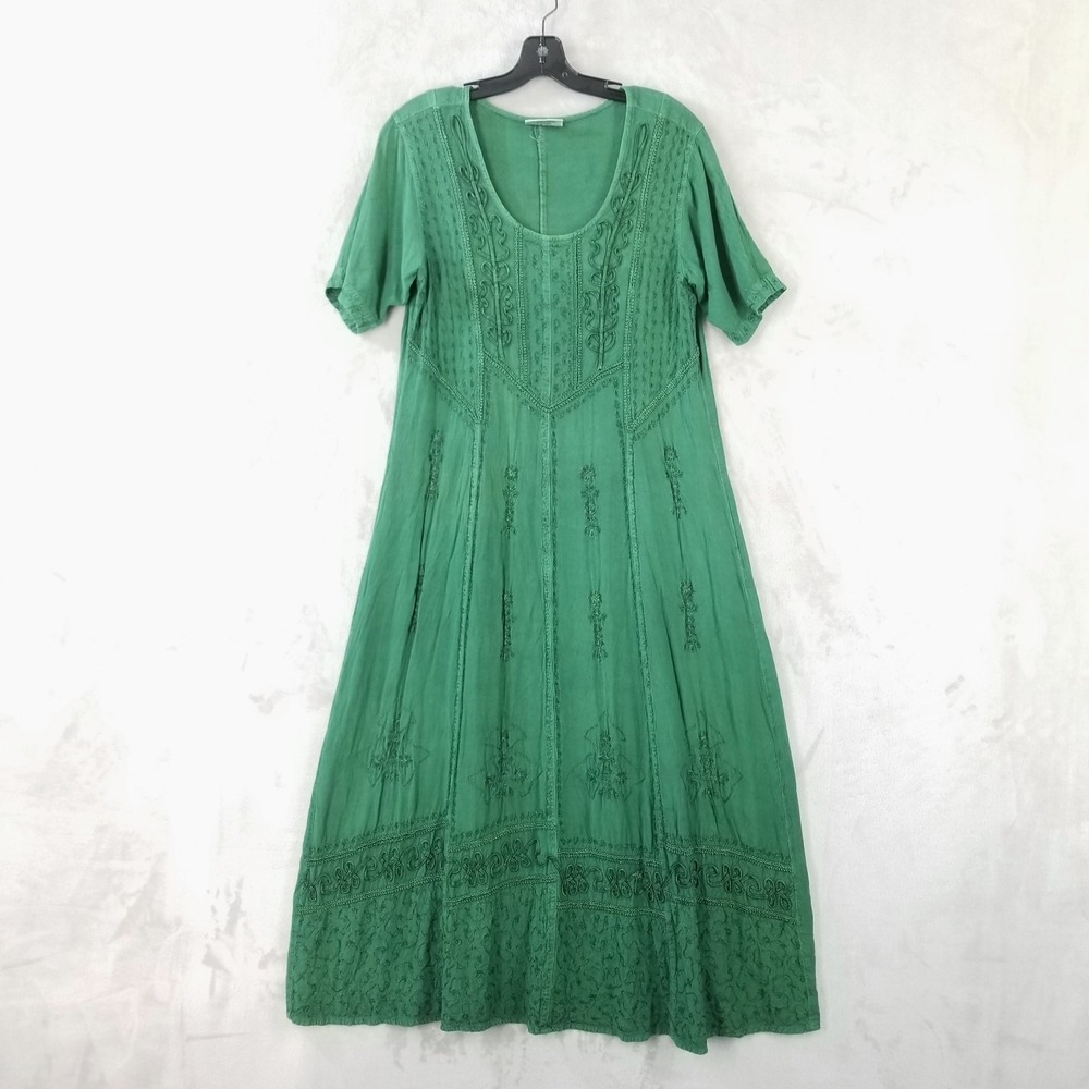 Holy Clothing Maxi Dress Women Large Green Embroidered Boho Renaissance Fairy